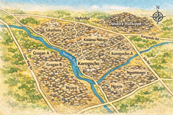Illustrierte Karte mit Korogocho und den verschiedenen Dörfern, mit eingezeichnetem Nairobi River. (KI generiert)