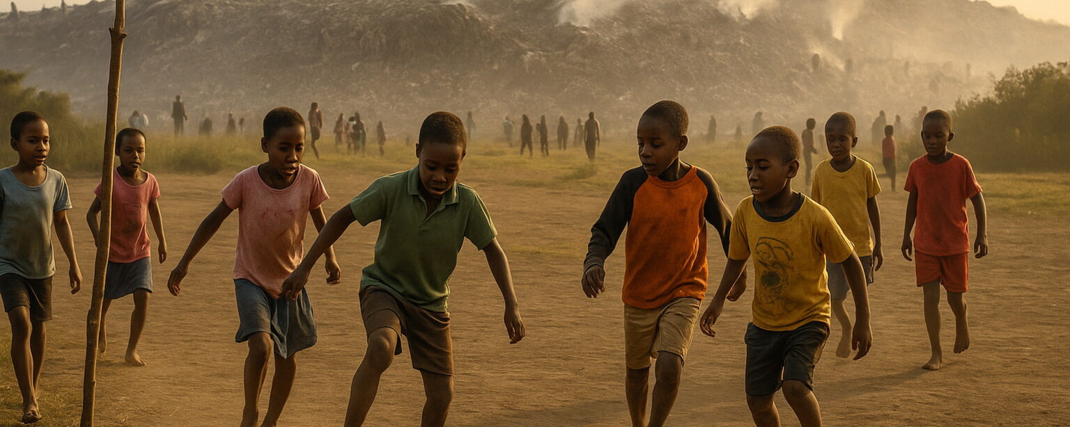 Children playing football in Korogocho – with the Dandora rubbish tip in the background | © korogocho.com/ChatGPT