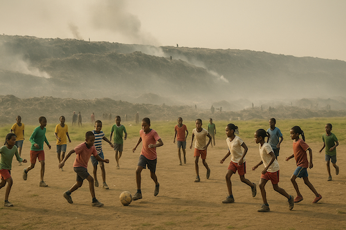 Children playing football – with the Dandora rubbish tip in the background | © korogocho.com – AI generated