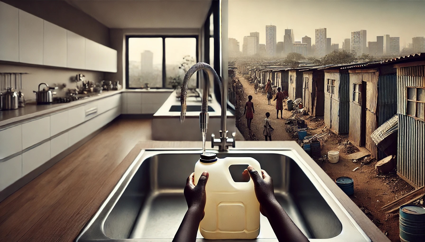 Wasserhahn in einer modernen europäischen Küche, aus dem Wasser läuft links und rechts im Bild der Slum Korogocho, und zwei Händen, die einen gelben Wasserkanister halten | Foto generiert mit künstlicher Intelligenz.