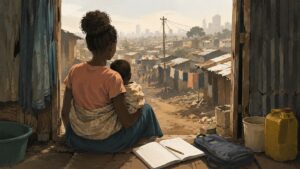 ein maedchen schaut mit ihrem baby im arm in den slum hinein. neben ihr liegt ein notizheft und ein bleistift. illustration ki generiert