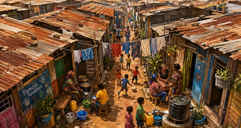 Einwohner | Unsichtbares Korogocho? Illustration eines Slums, der sehr mit Leuten gepackt ist. KI generiert