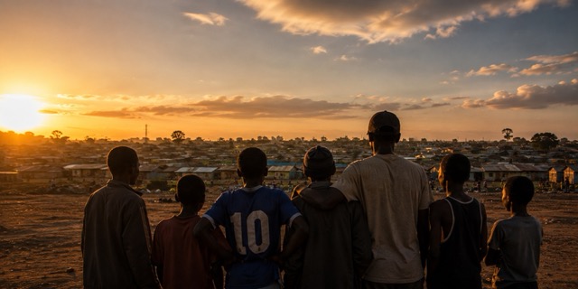 silhouetten von männern und jungen, die in einer informellen siedlung in nairobi zusammenstehen — sinnbild für gemeinschaft und das brechen des schweigens