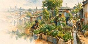 Watercolor illustration of young people tending vegetables and cleaning a shared passage in a dense Nairobi neighbourhood.